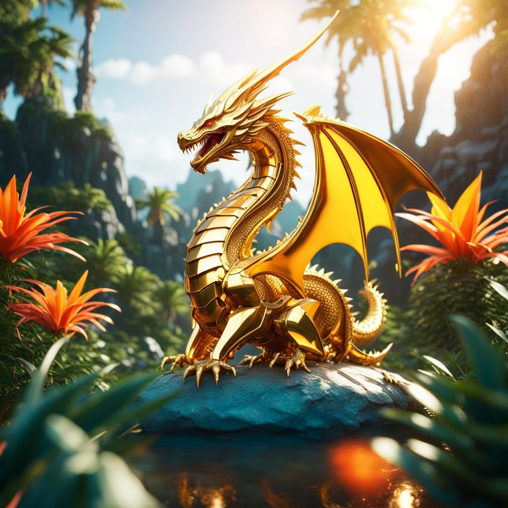 Dragon in Tropical Landscape with Liquid Gold