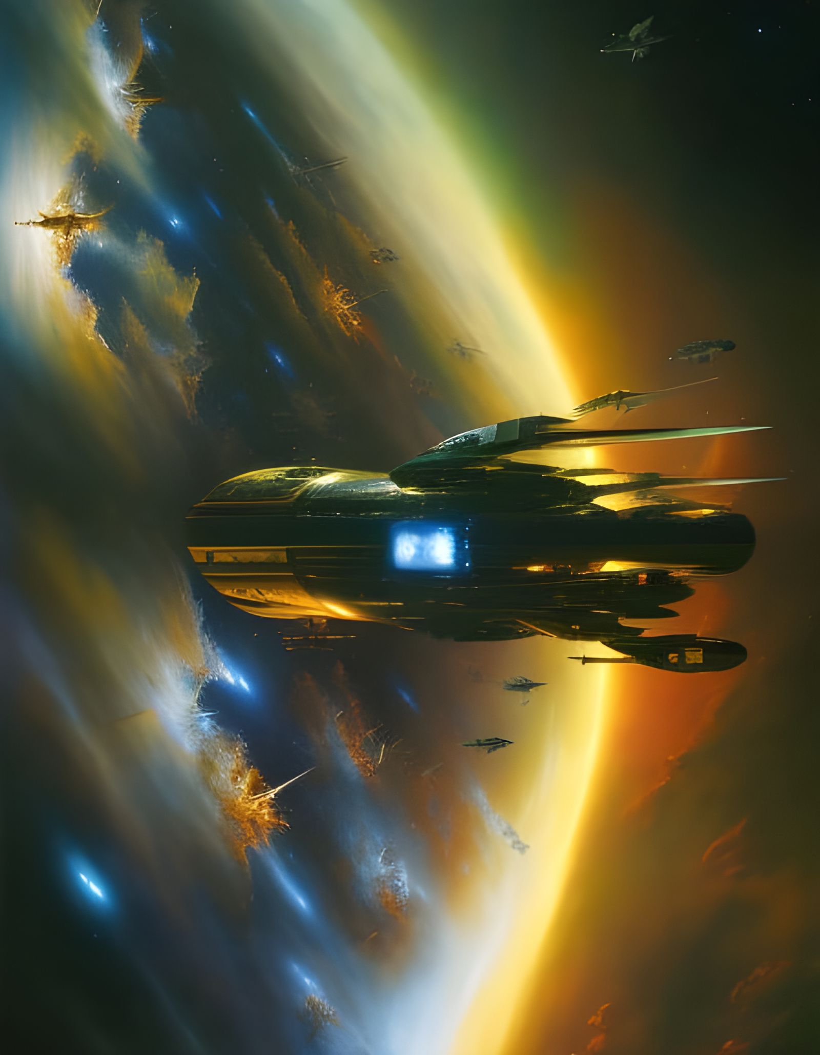 Spaceship Entering Star Nursery in Splash Art Style