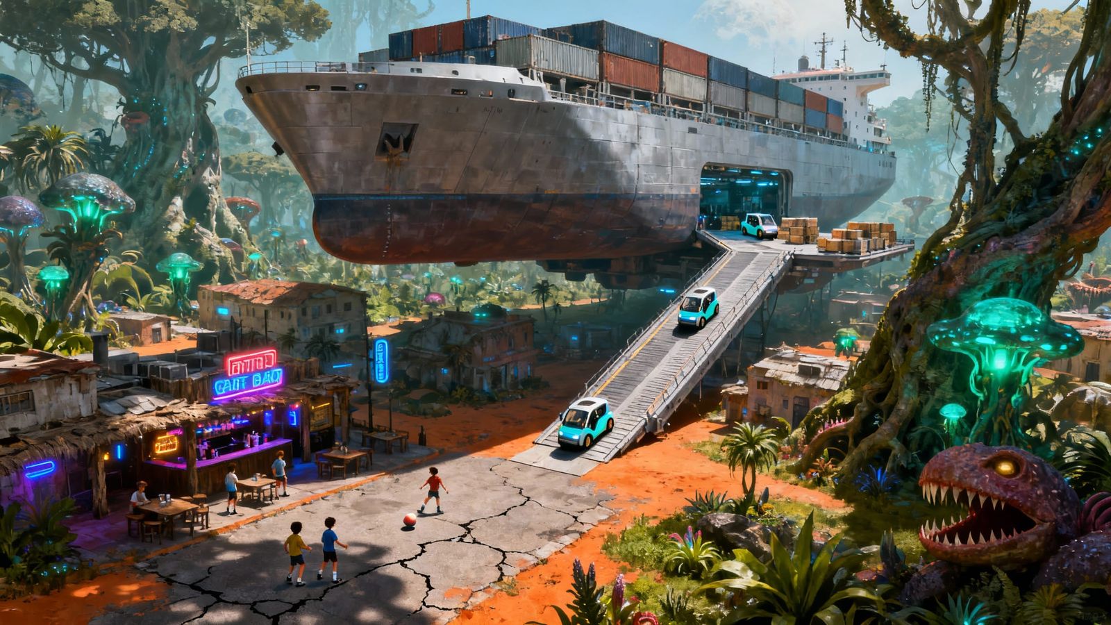 Sci-Fi Cargo Ship Lands on Alien Town in Jungle
