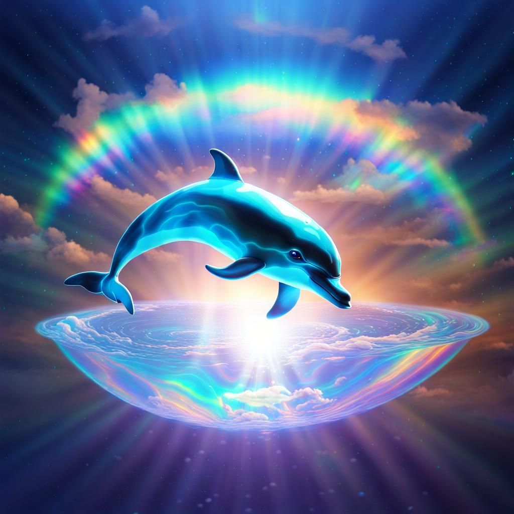 Scifi holographic image. Dolphin floating in the sky , holographic art , hologram