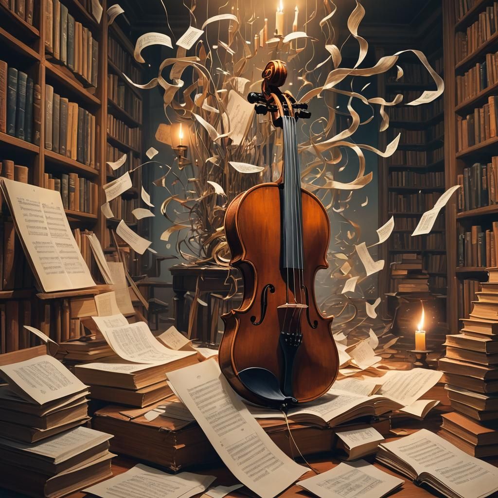 Surreal Violin with Translucent Music Sheets