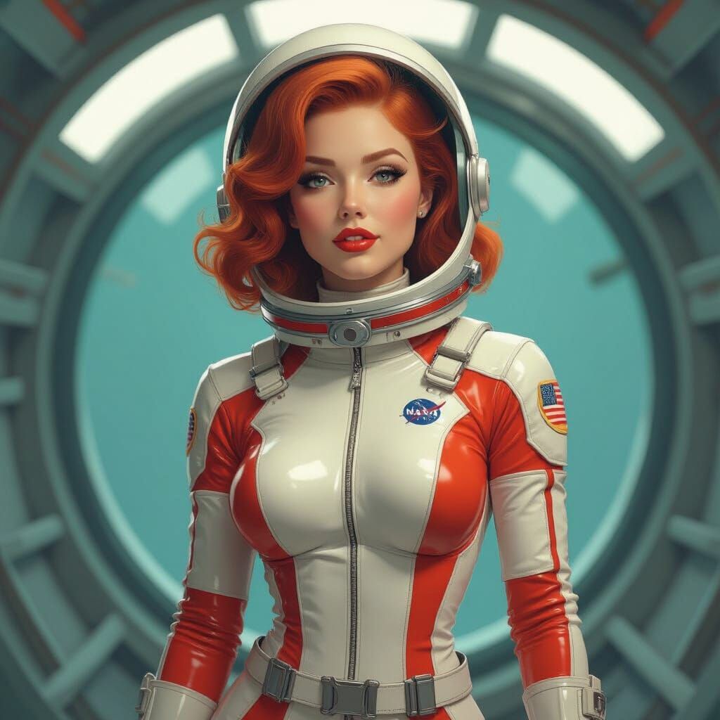 1940s Pinup Astronaut Woman in Latex Spacesuit