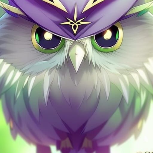 Small Green Owl in Anime Style Forest