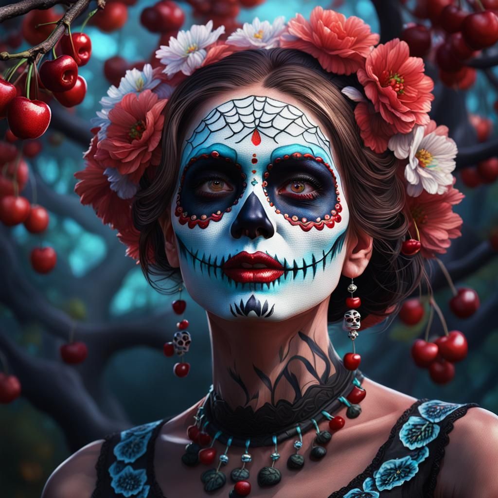 Woman with Cherries and Día de los Muertos Paint