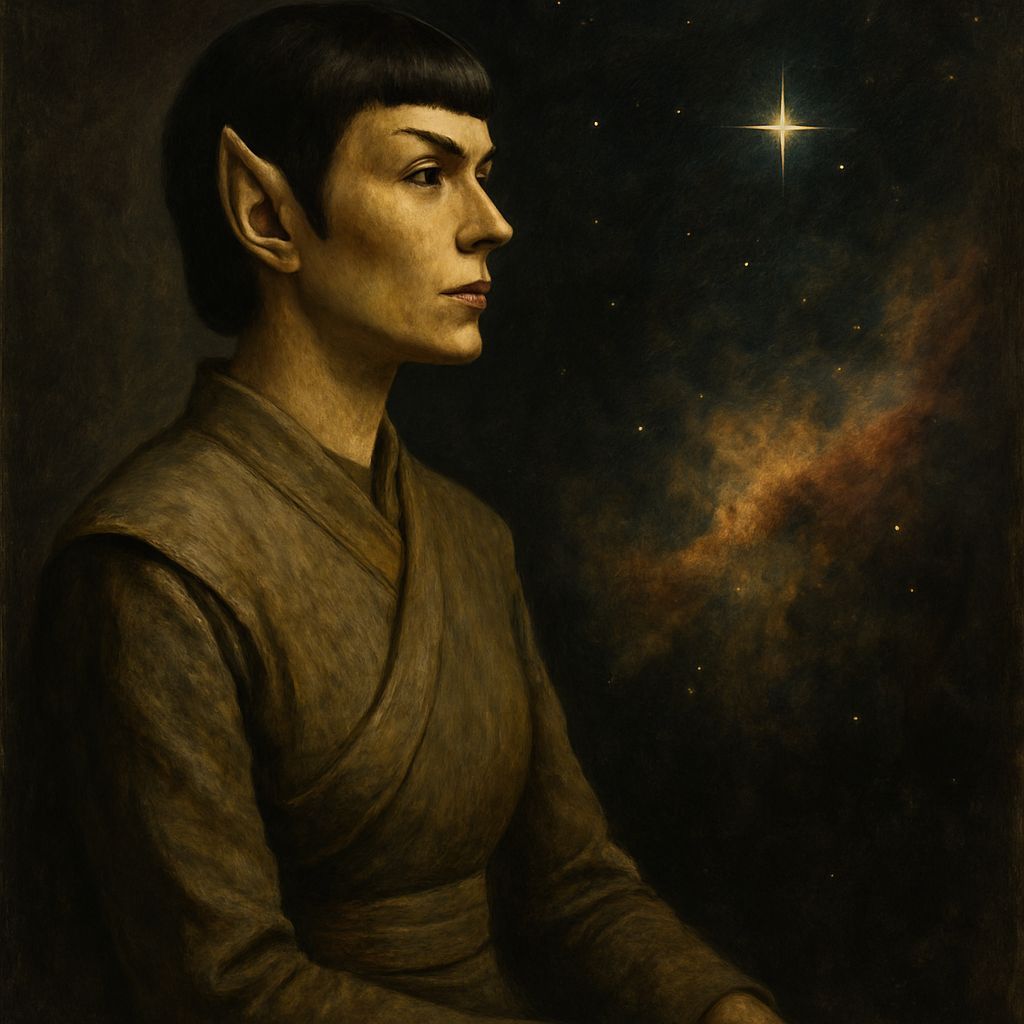 Vulcan Woman Gazing at Nebula as Oil Painting
