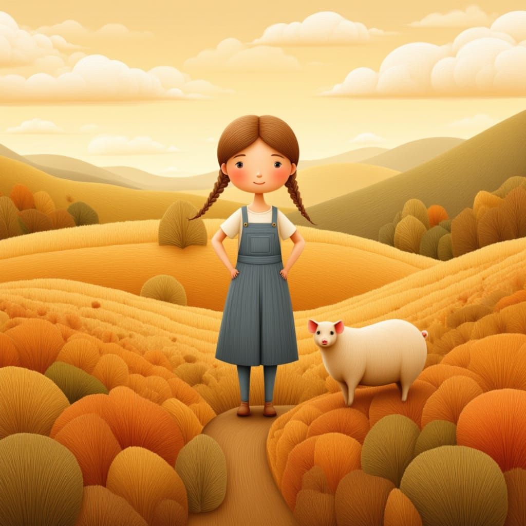 Girl on Farm with Chickens and Pig in Airbrush Acrylic Style
