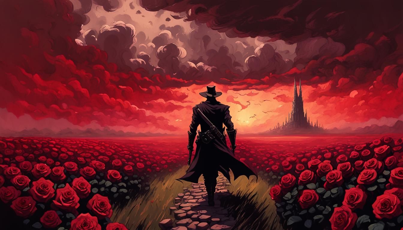 Gunslinger Walks to Dark Tower in Fantasy Landscape