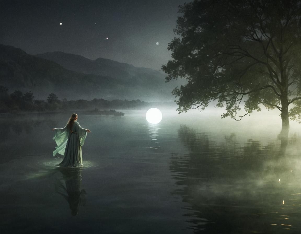 Priestess of Avalon Sails Misty Lake: Mystical Concept Art