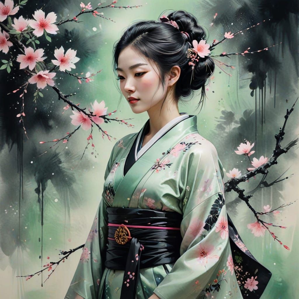 Elegant Kimono: Chinese Ink Painting with Sparkles