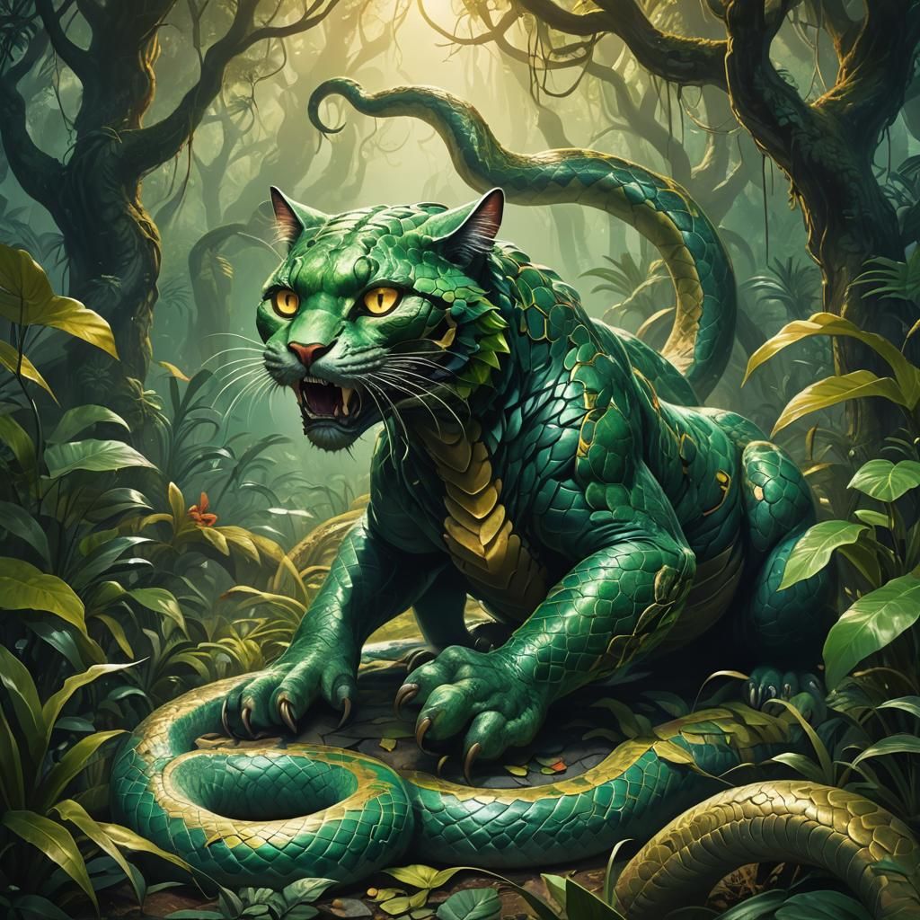 Mystical Jungle: Cat-Creature Emerges in Surrealist Style