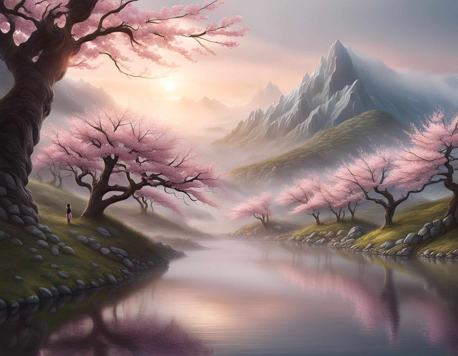 Cherry Blossom Sunrise in a Foggy Landscape