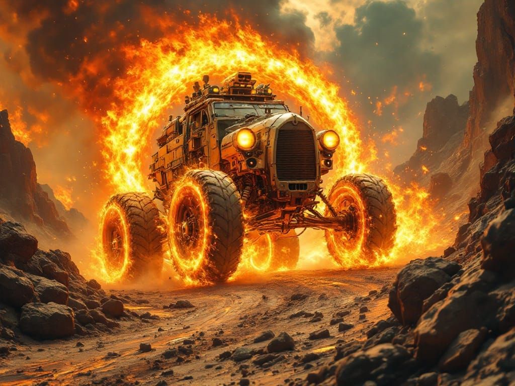 Post-Apocalyptic Vehicle Chase Through Burning Landscape