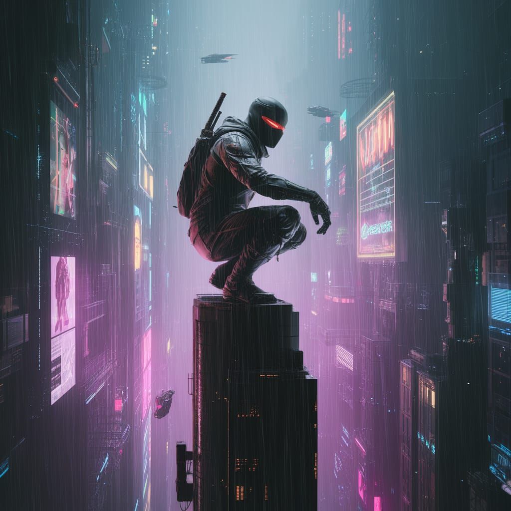Cyberpunk Ninja Warrior on Skyscraper in Hyperrealistic Styl...