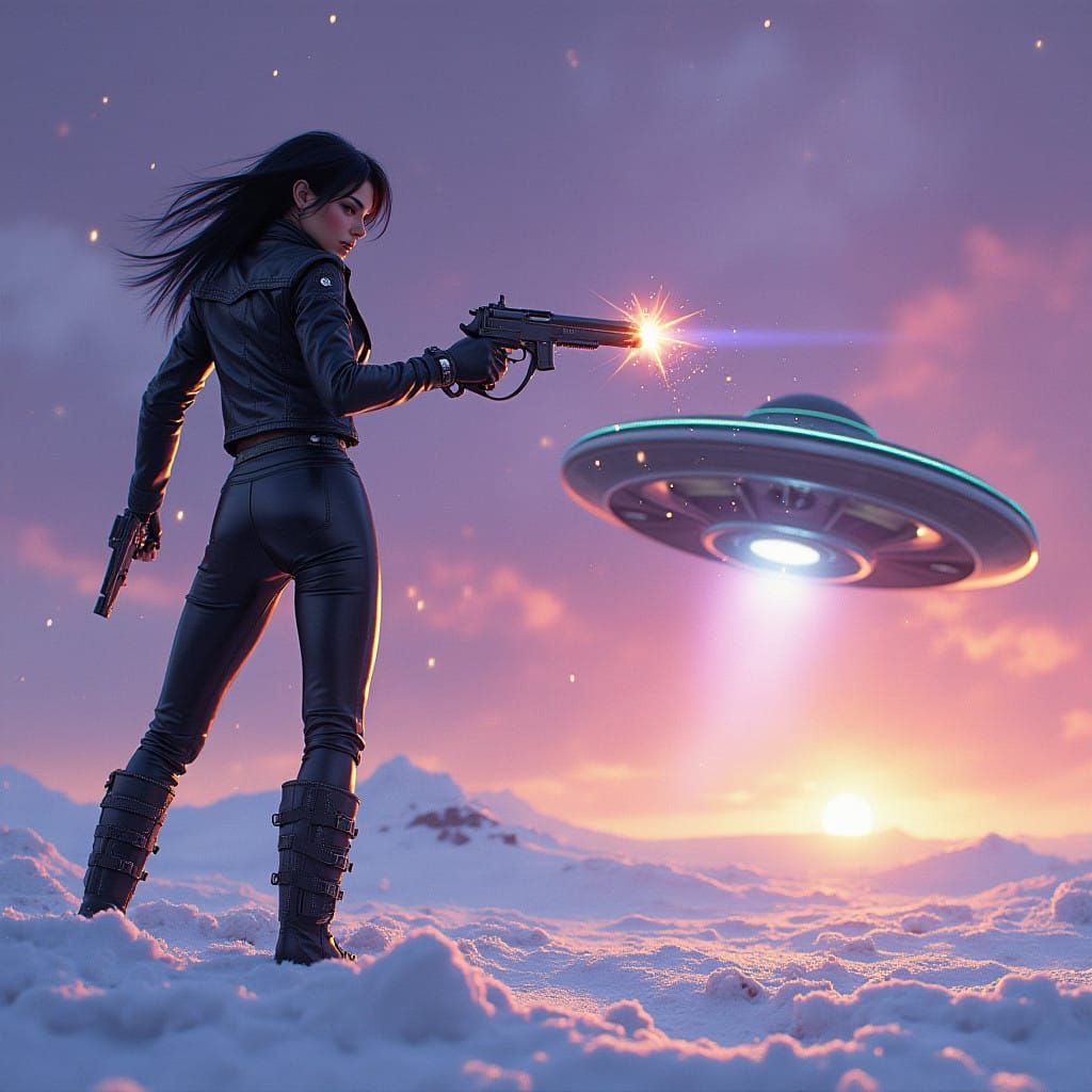 Joan Jett Battles UFO in a Snowy Landscape with Intricate Te...