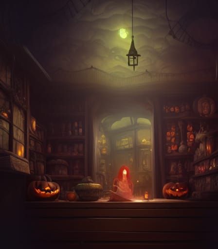 Witch's Lair, potion shop, alchemy room, whimsical halloween, Studio Ghibli WLOP Greg Rutkowski warm colors concept art ...
