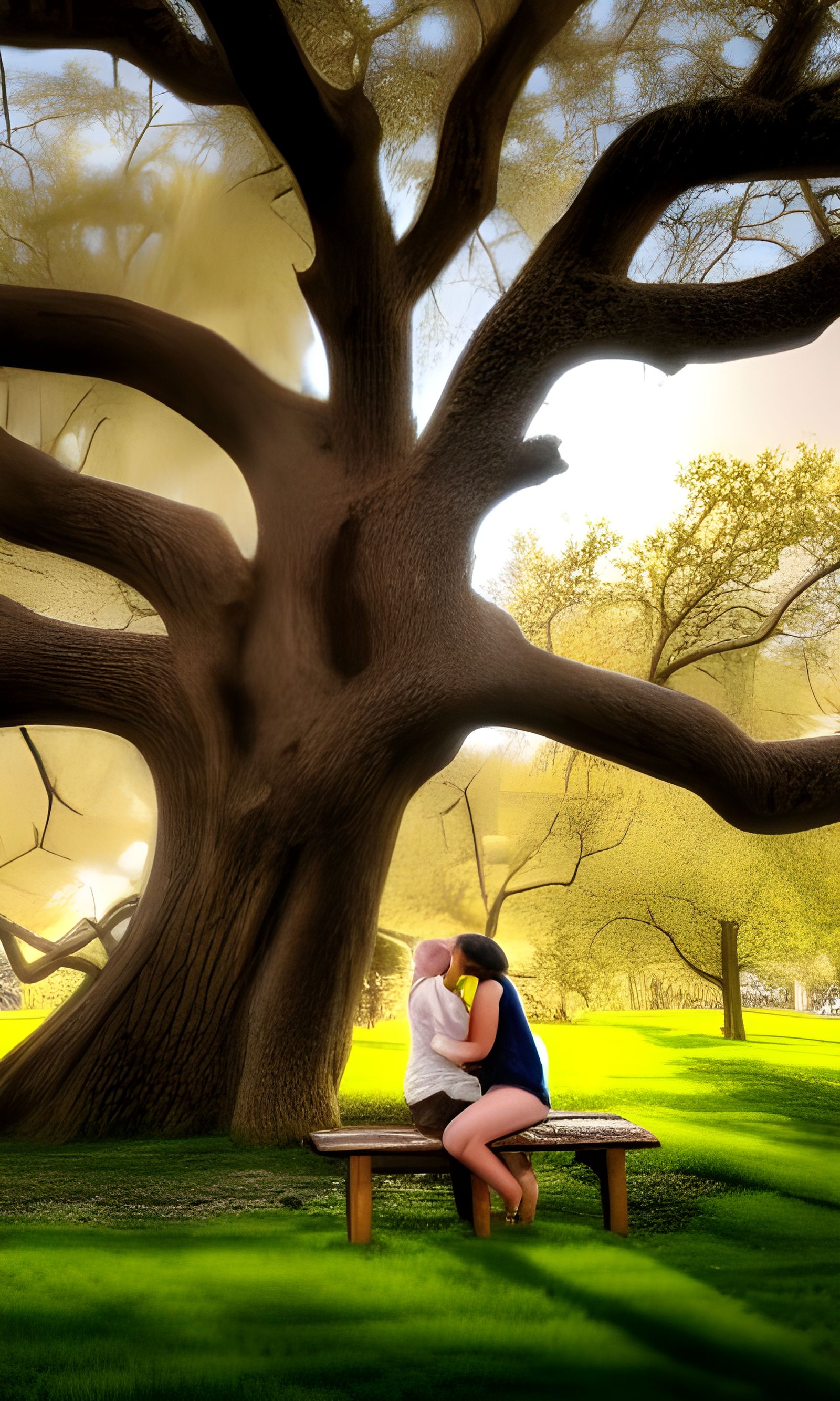 Lesbians Kissing Under Oak Tree in Soft Focus