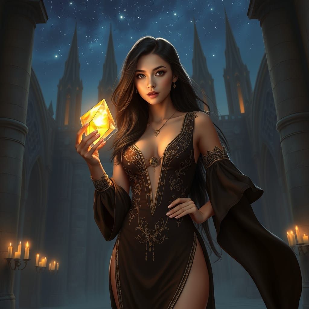 Enchanted Sorceress Under Starlit Medieval Courtyard