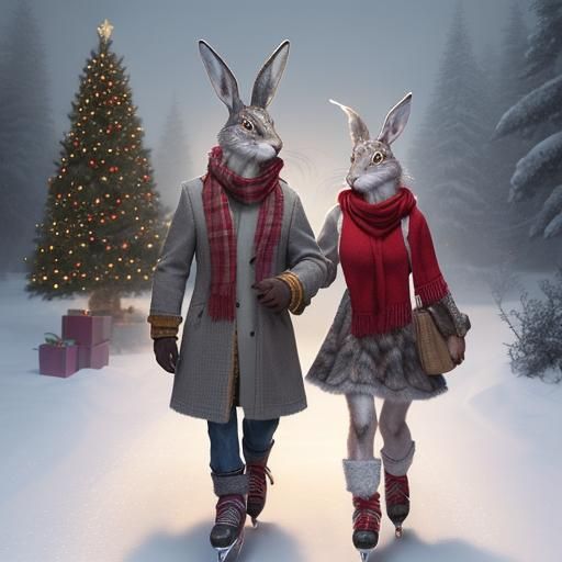 Charming Wolves and Hares Skating in Winter Wonderland