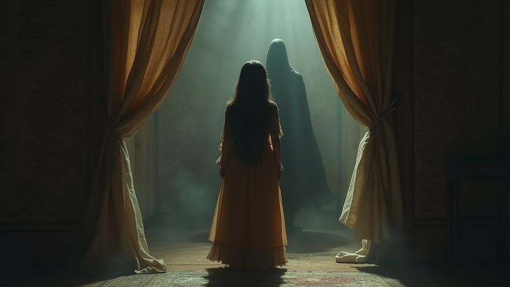 Shadowy Figure Looms Behind Girl: Supernatural Horror