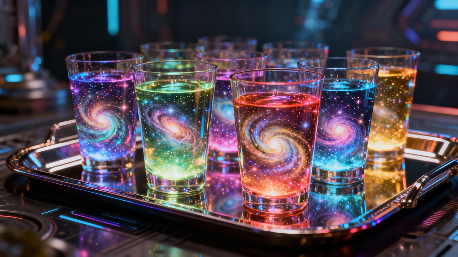 Tray Of Quantum Drinks With Cosmic Swirls