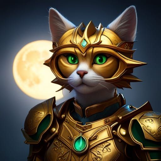 Anime Cat Portrait with Golden Armor and Moon