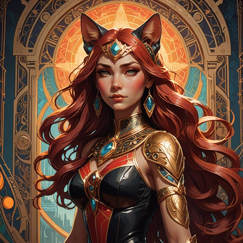 Superhero Woman in Red PVC Attire, Standing Before Ancient E...