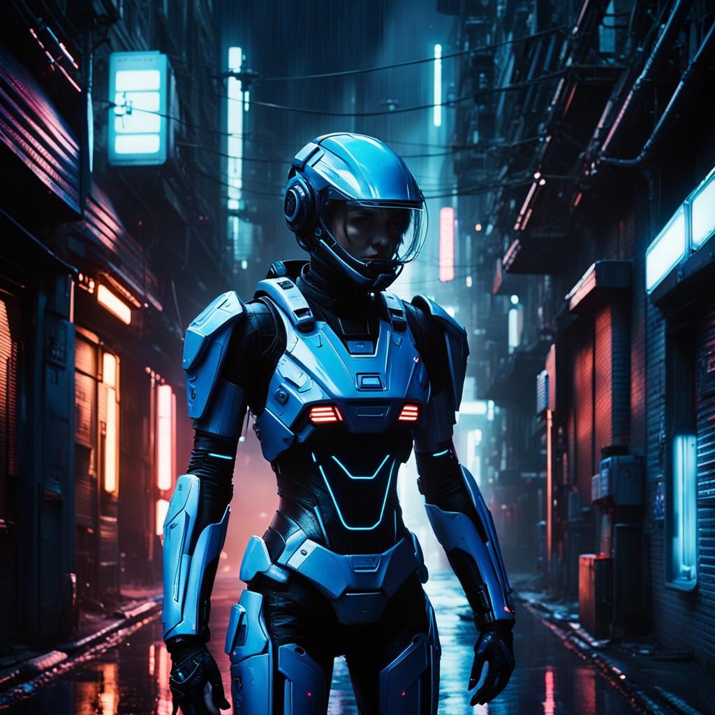 Woman in Futuristic Exosuit in Film Noir Style
