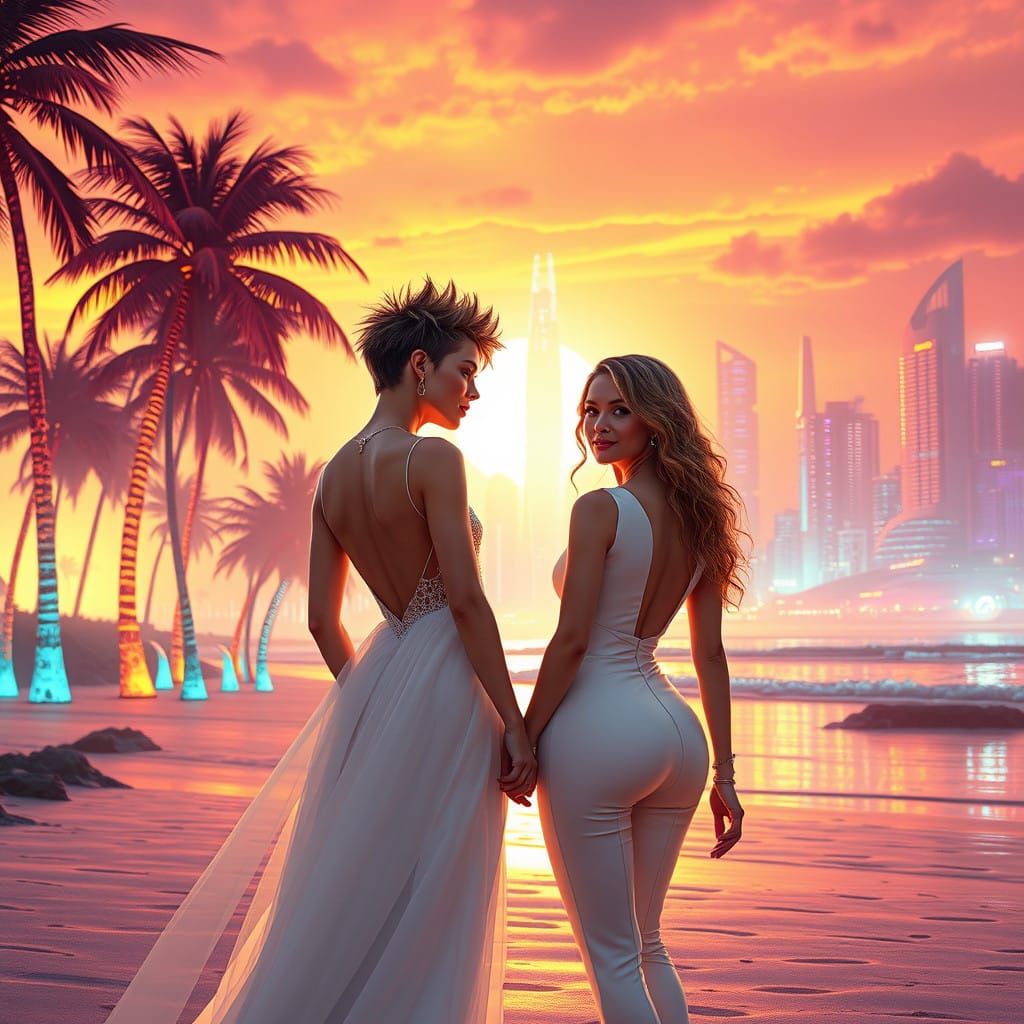 Futuristic Beach Wedding: Cyberpunk Bride and Bride