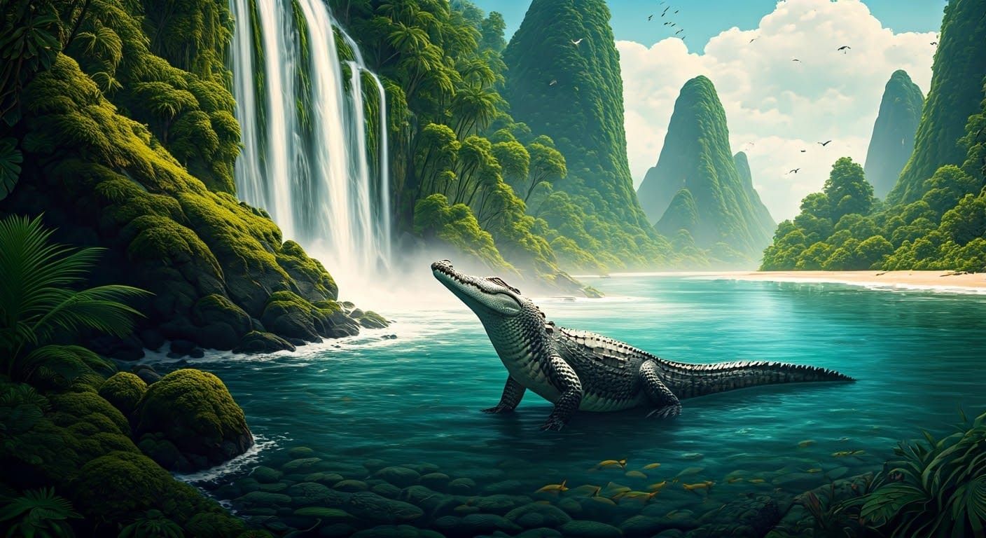 A large slender crocodile is happily stretching its torso