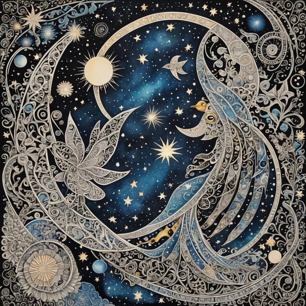 Celestial Zentangle: Mythical Graffiti in Starry Sky