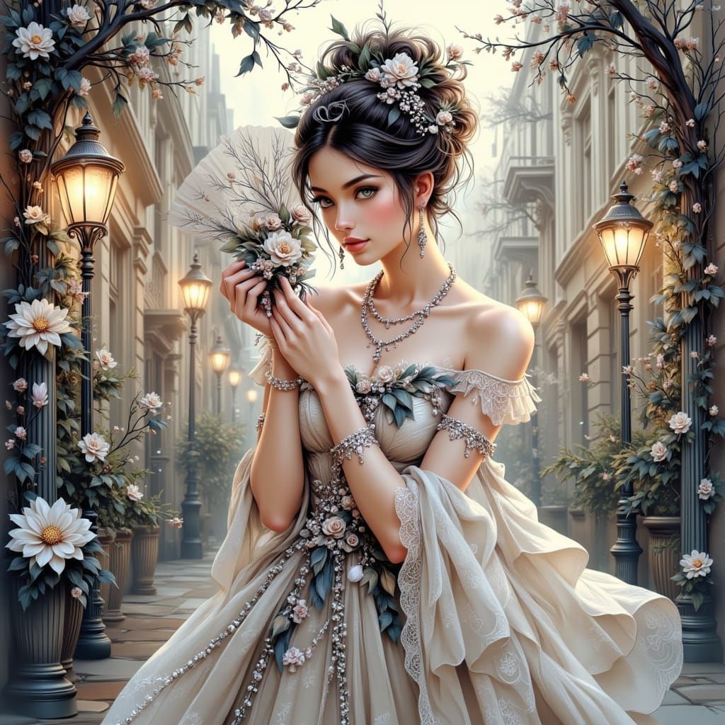 Lady with Fan in Fantasy City, Double Exposure