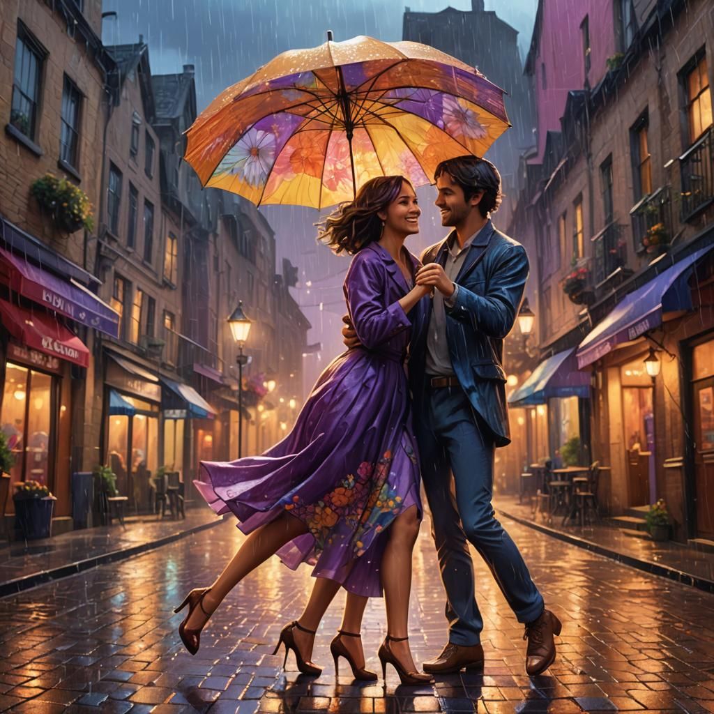 Couple Dancing in Rainy Street: Fantasy Art