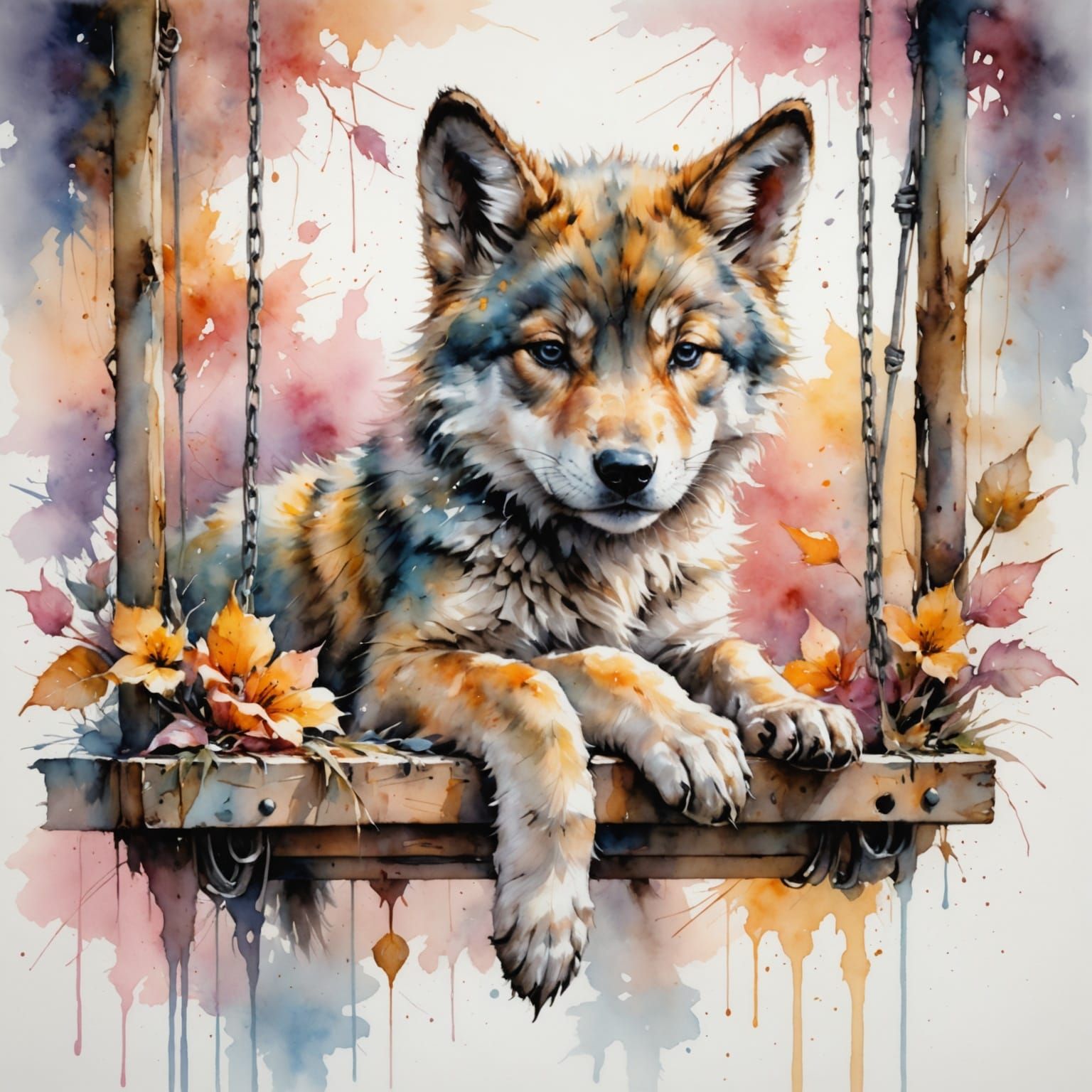 Whimsical Wolf Puppy Sleeping on a Swing in Pastel Colors
