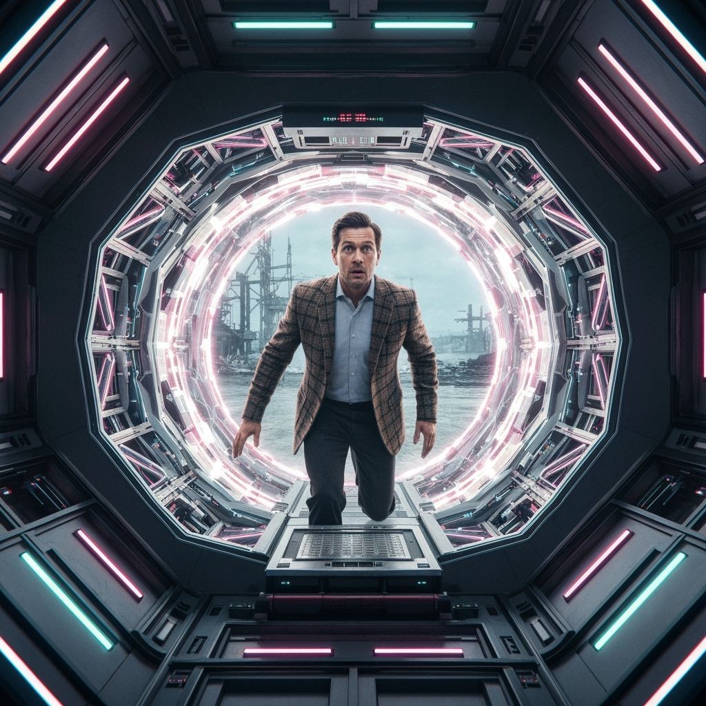 Time Traveler Steps Through Neon Portal to Future