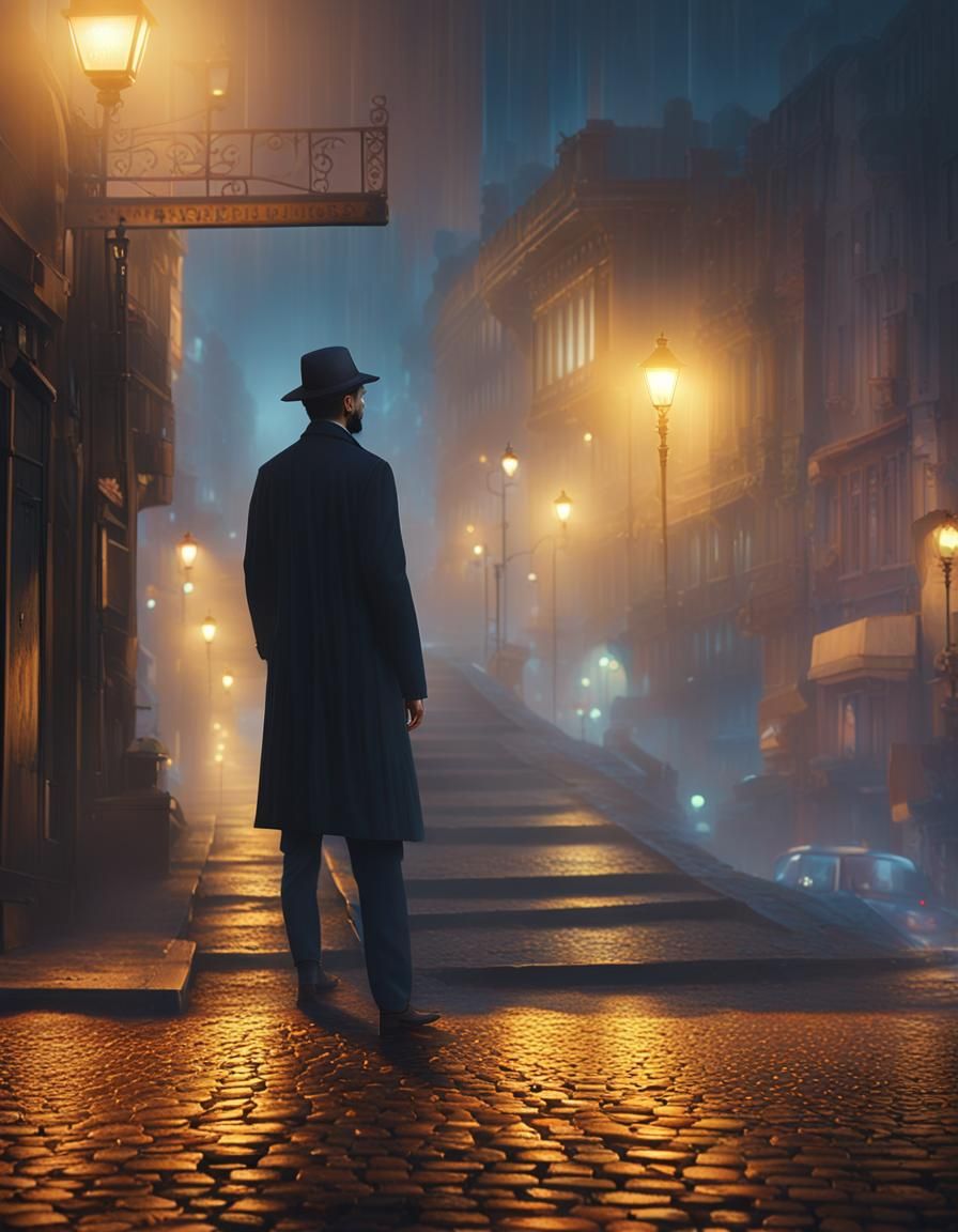 Foggy City Street Scene with Man in Hat