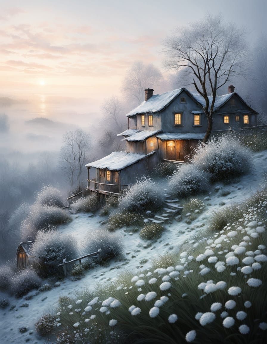 Winter Village Hillside in Oil Painting Style