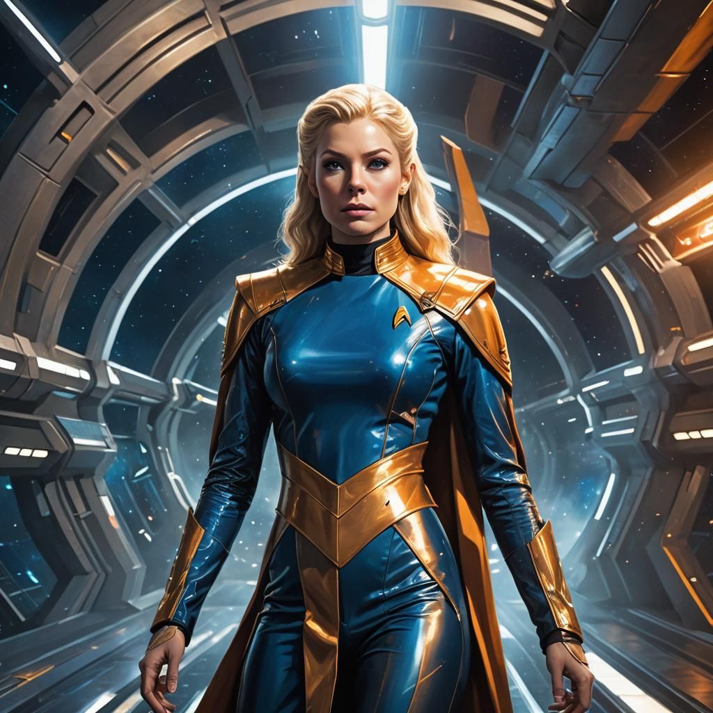 Sci-Fi Woman in Latex Uniform on Starship Bridge
