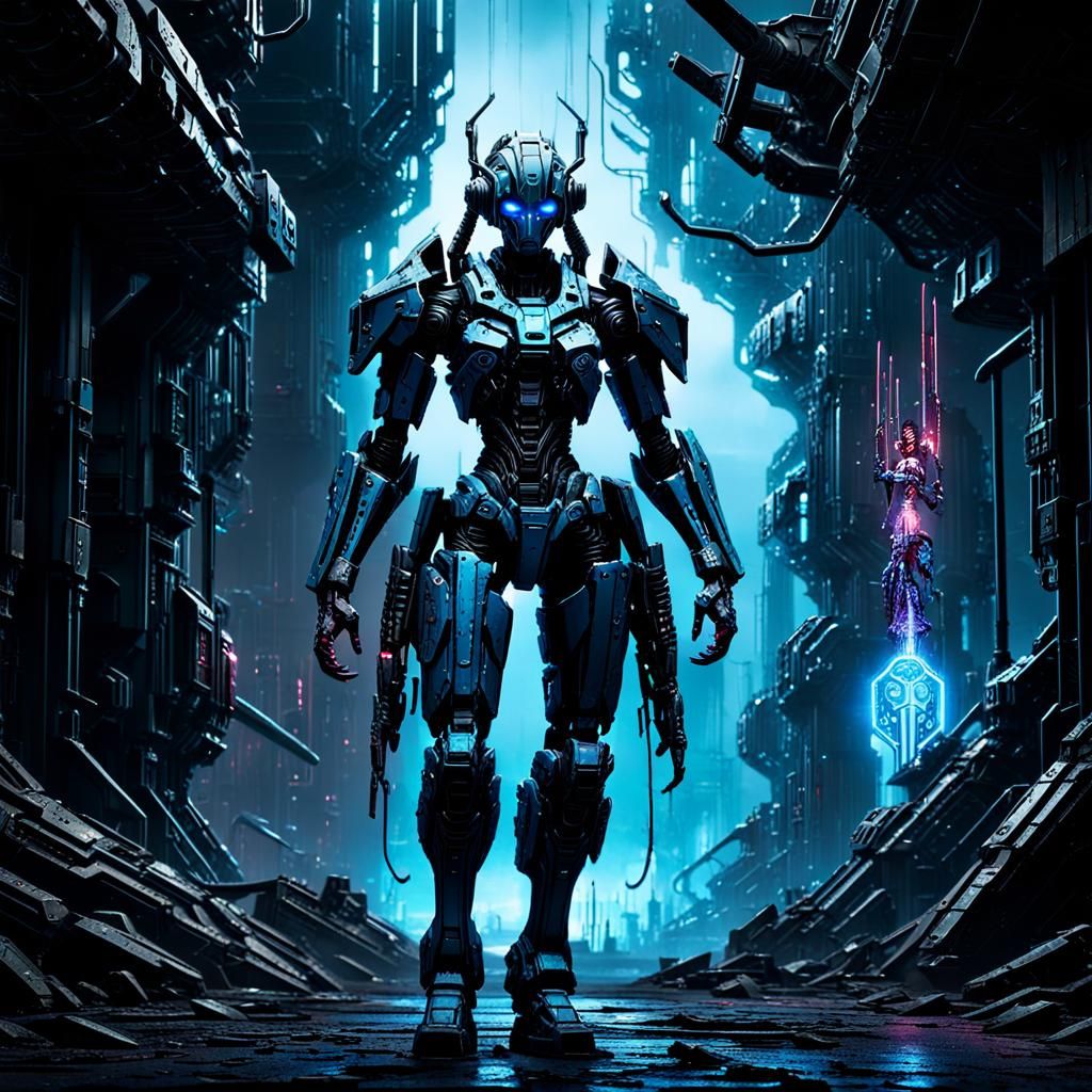 Cyberpunk Mech Warrior in Ominous Sci-Fi Scene