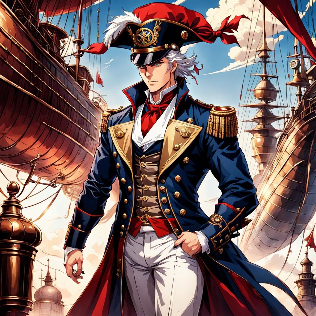 Steampunk Admiral on Airship in Anime Style