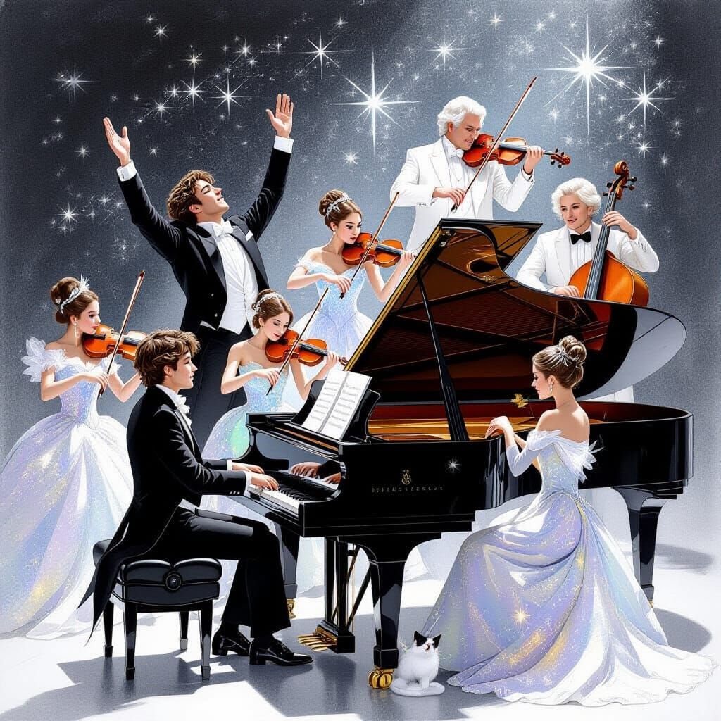 Pianists and Violinist Among Stars in Charcoal Drawing