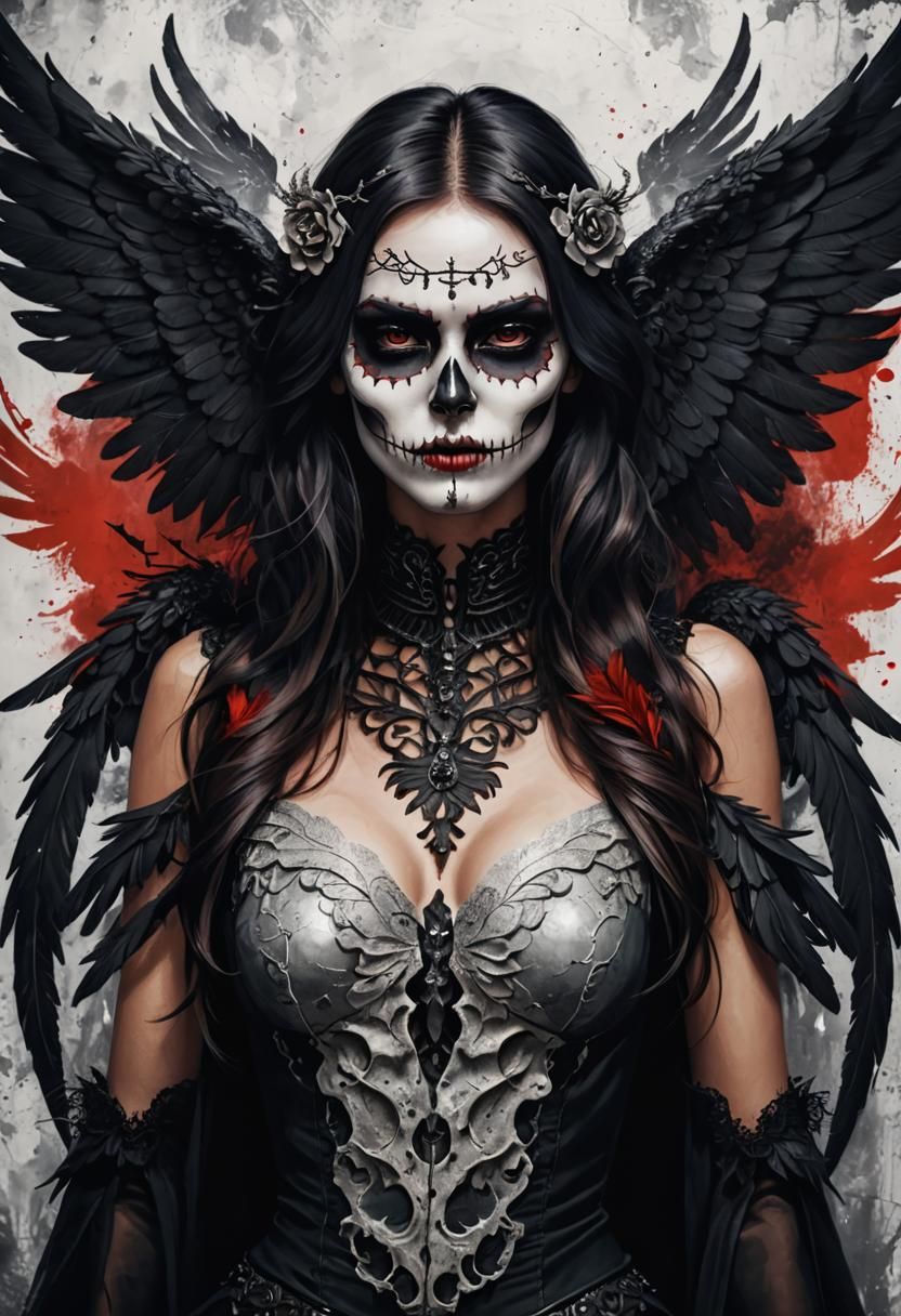 Skull Face Woman with Wings in Dark Art Style