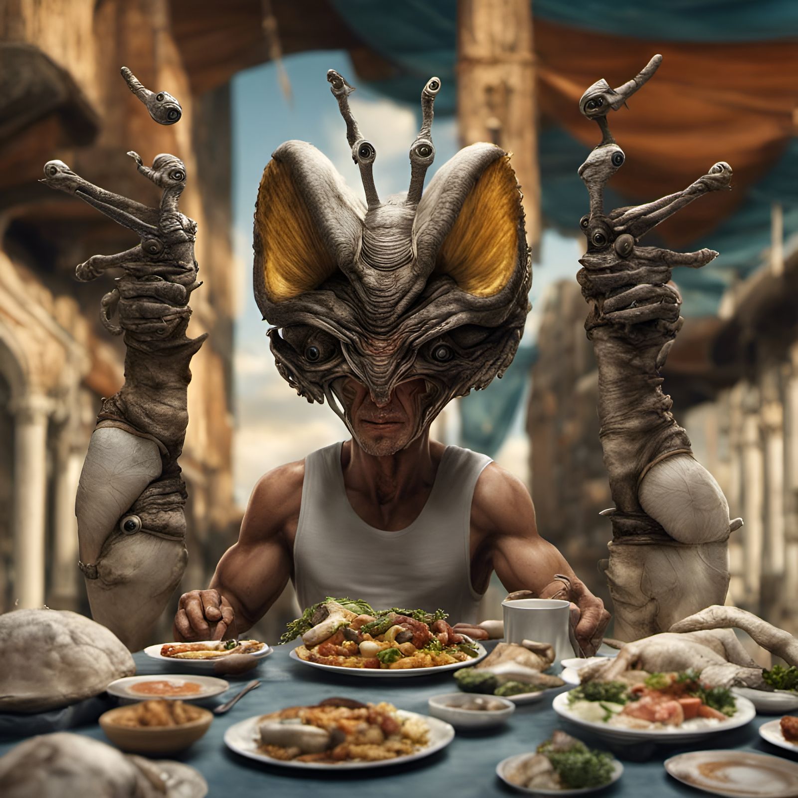Man's Fine Dining Experience with Alien Flora, Photorealisti...