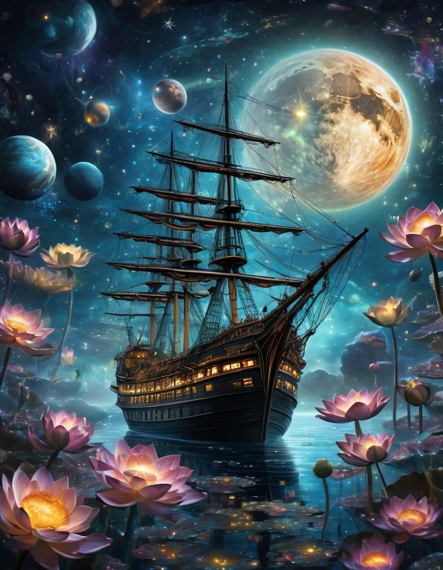 Sailing Ship in Lotus Sea Under Starry Sky