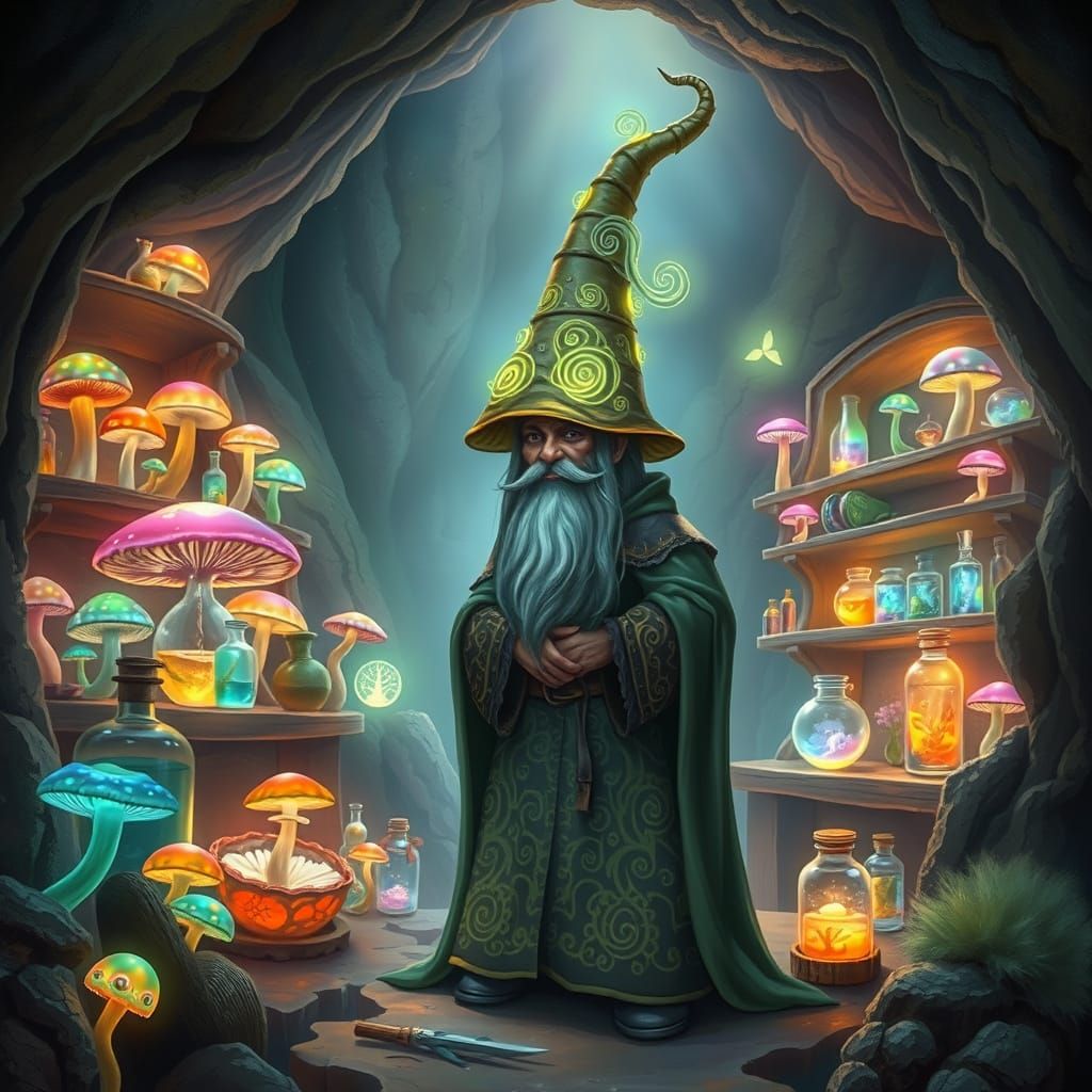 Glowing Gnome Alchemist in Enchanted Bioluminescent Cavern