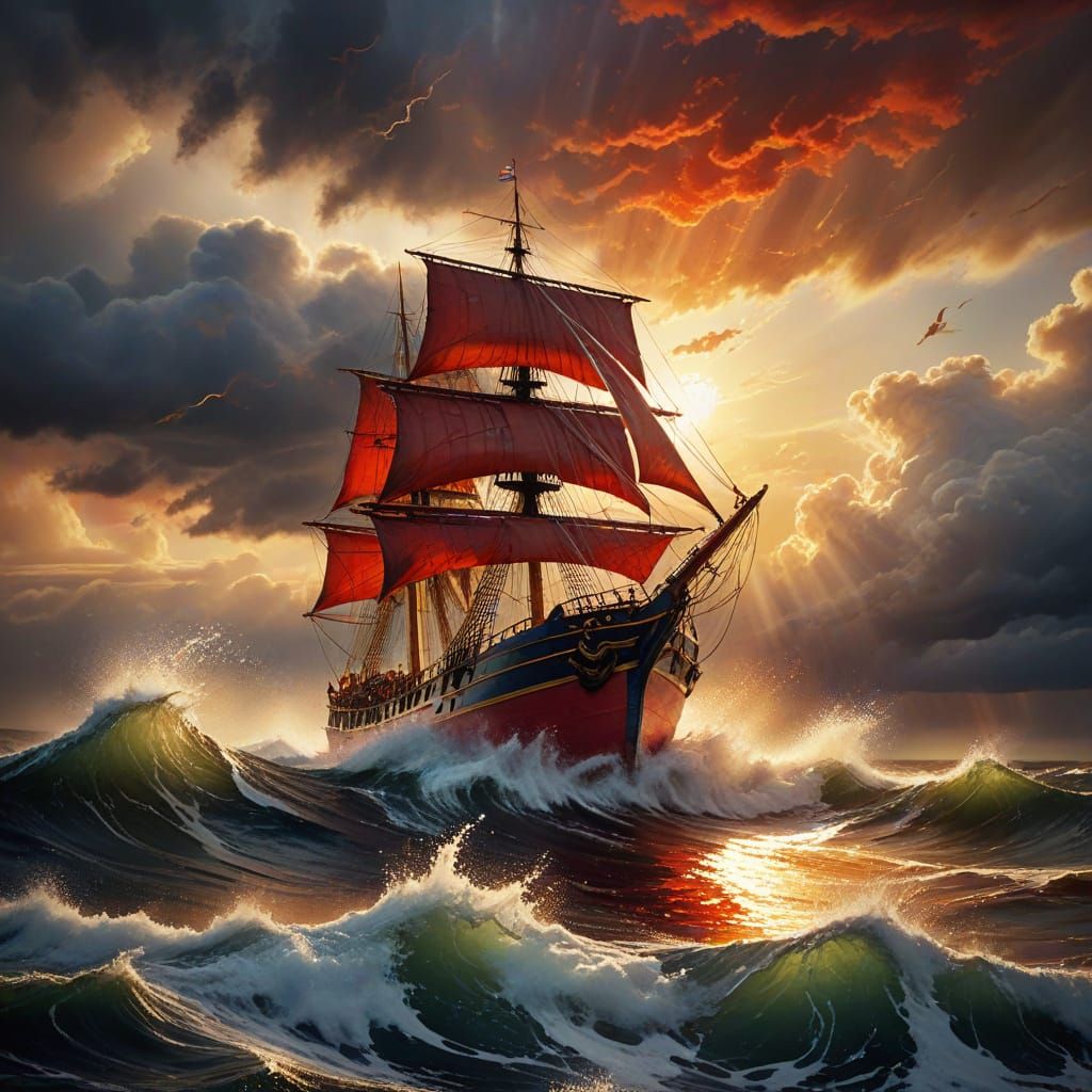 Majestic Red Ship in Stormy Seas as Watercolor