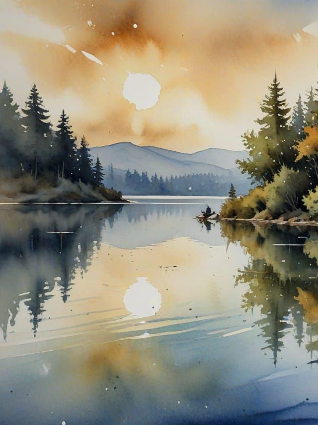 Yacht on Lake in Watercolor Style