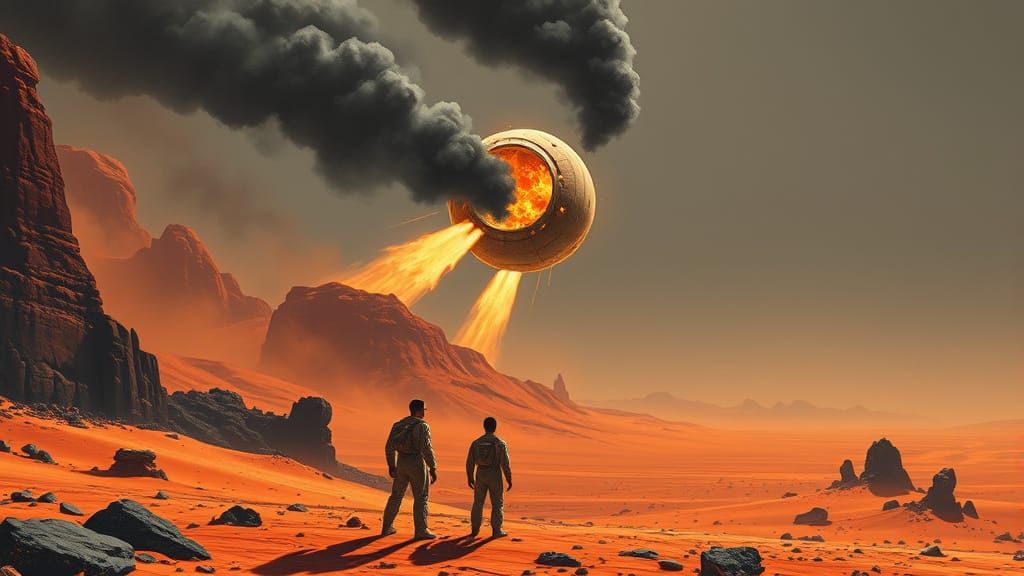 Flaming Spaceship Crash on Alien Planet