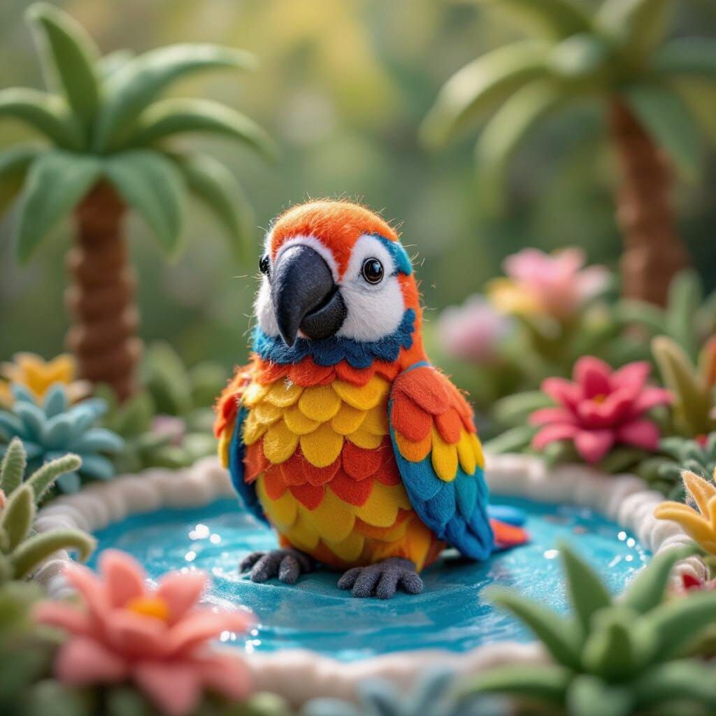 Close-Up Macro Felt Parrot in Felt Oasis