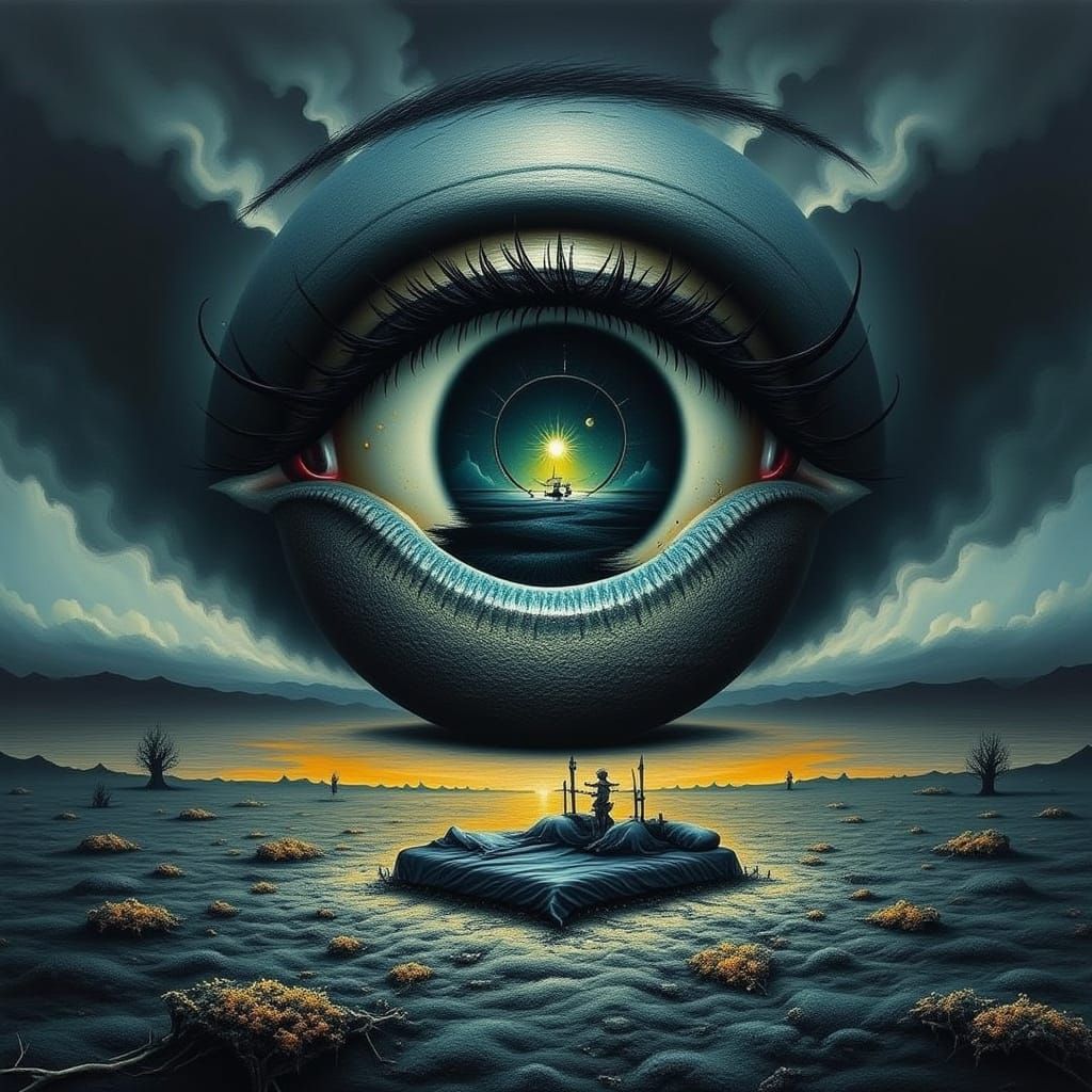 Insomniac's Eye Reflecting a Dreamlike Surreal Landscape