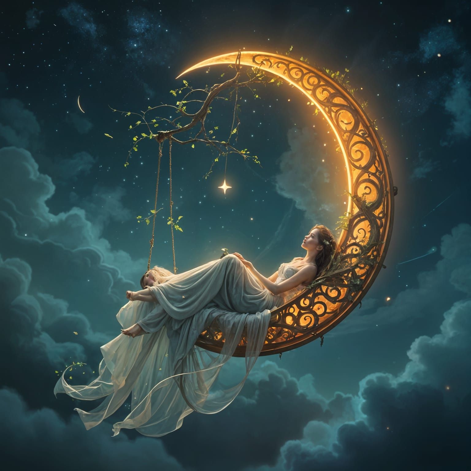 Maiden Under Ethereal Crescent Moon